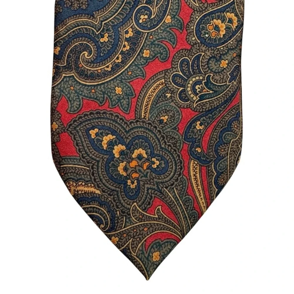 Coach Mens Silk Tie Red Navy Gold Paisley Made in Italy 100% Italian Silk